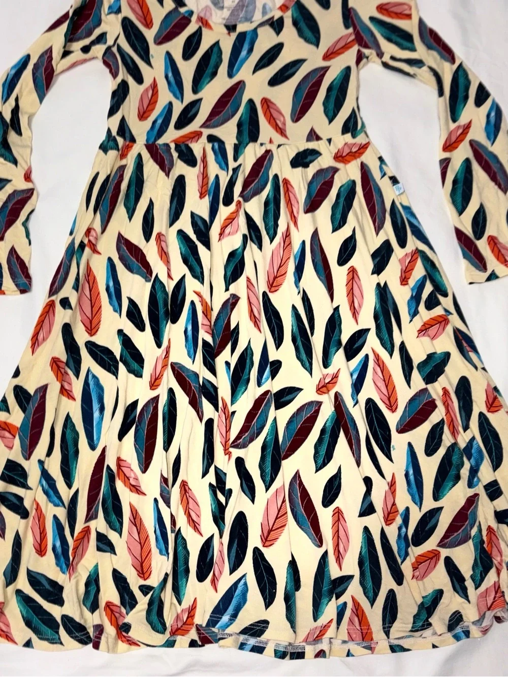 Posh Peanut Bamboo Feather Print Long Sleeve Twirl Dress Girls Sz 7 EUC